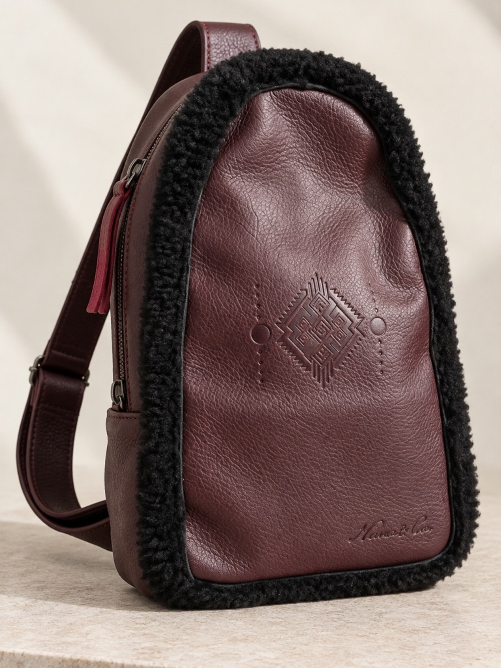NWT Nena & Co. Vino-Leather Sling Bag with Black Sherpa Trim
